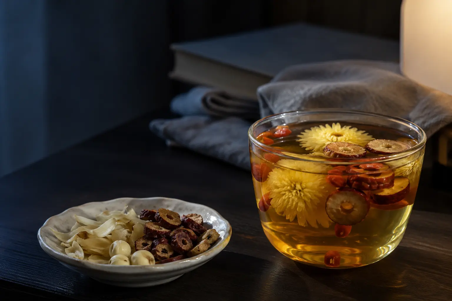 A quiet evening cup of caffeine-free Chinese herbal tea for sleep.