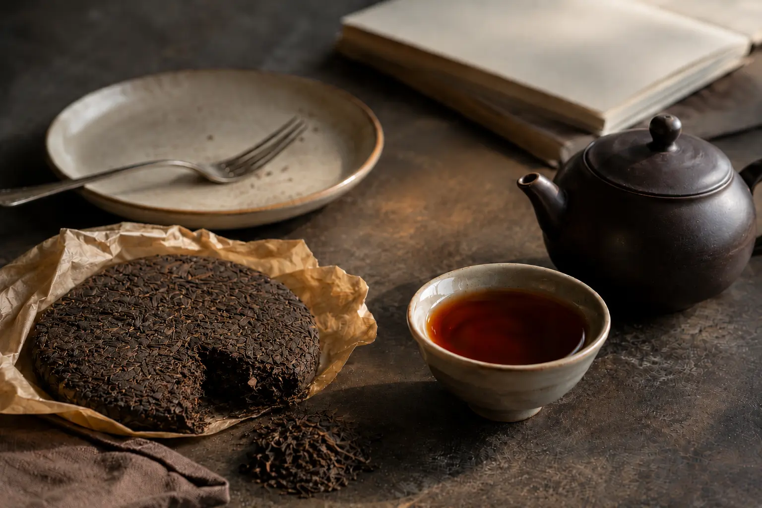 A cup of pu-erh tea presented with a restrained health-focused tea setup.