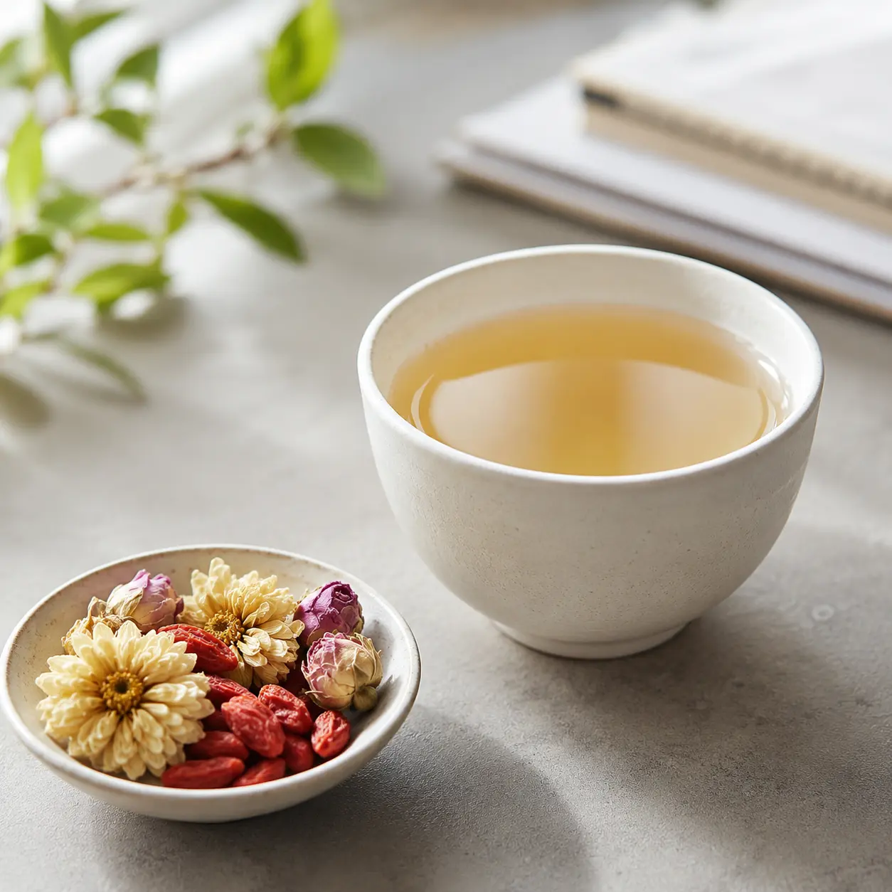 A calm cup of Chinese tea with herbal ingredients for wellness reading