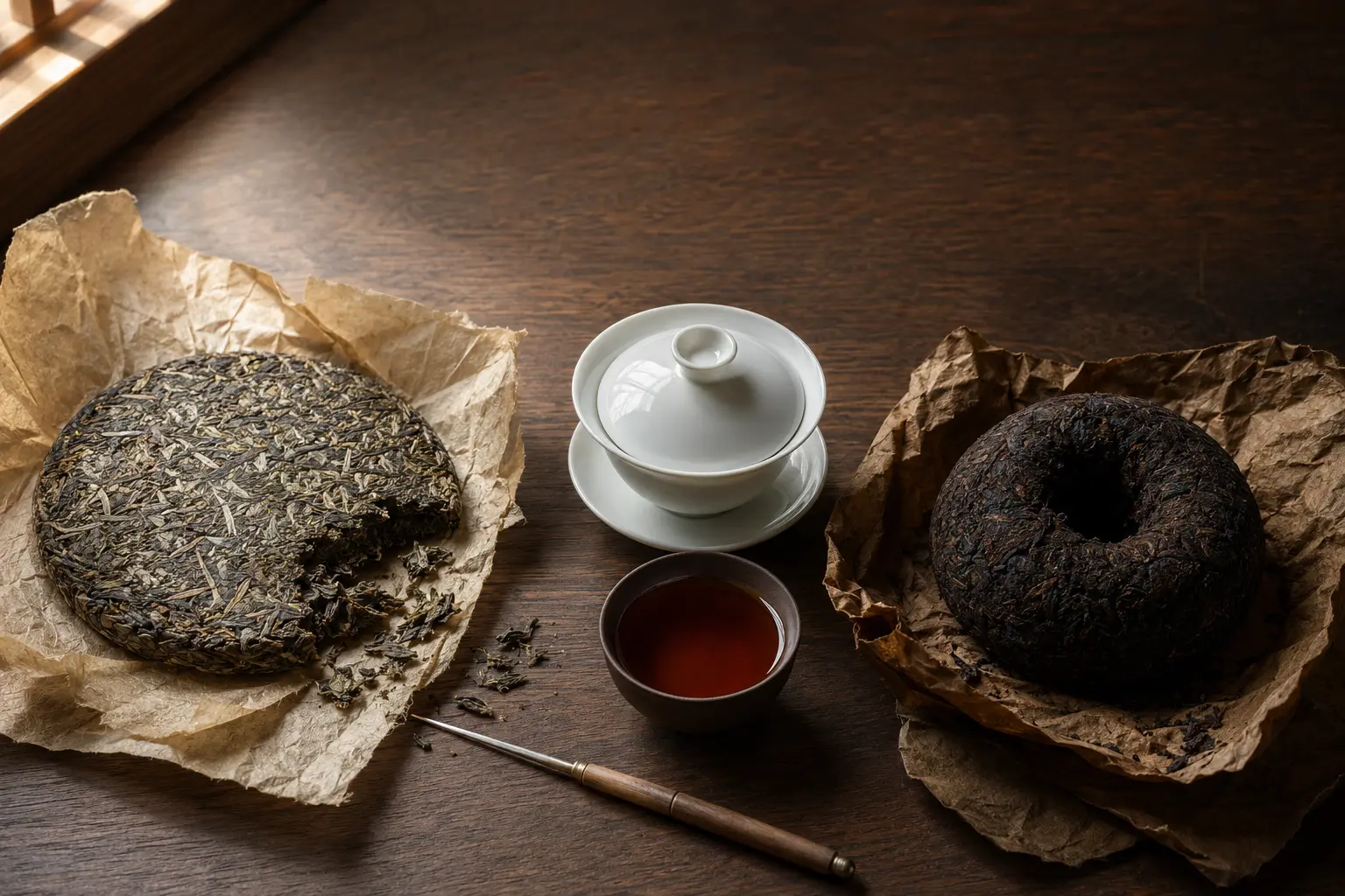 Pressed pu-erh tea with dark leaves and brewed tea for a beginner's guide.