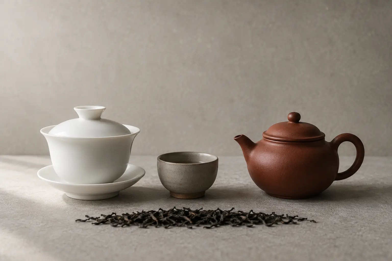 A white porcelain gaiwan beside an unglazed Yixing clay teapot for comparing gongfu brewing vessels.
