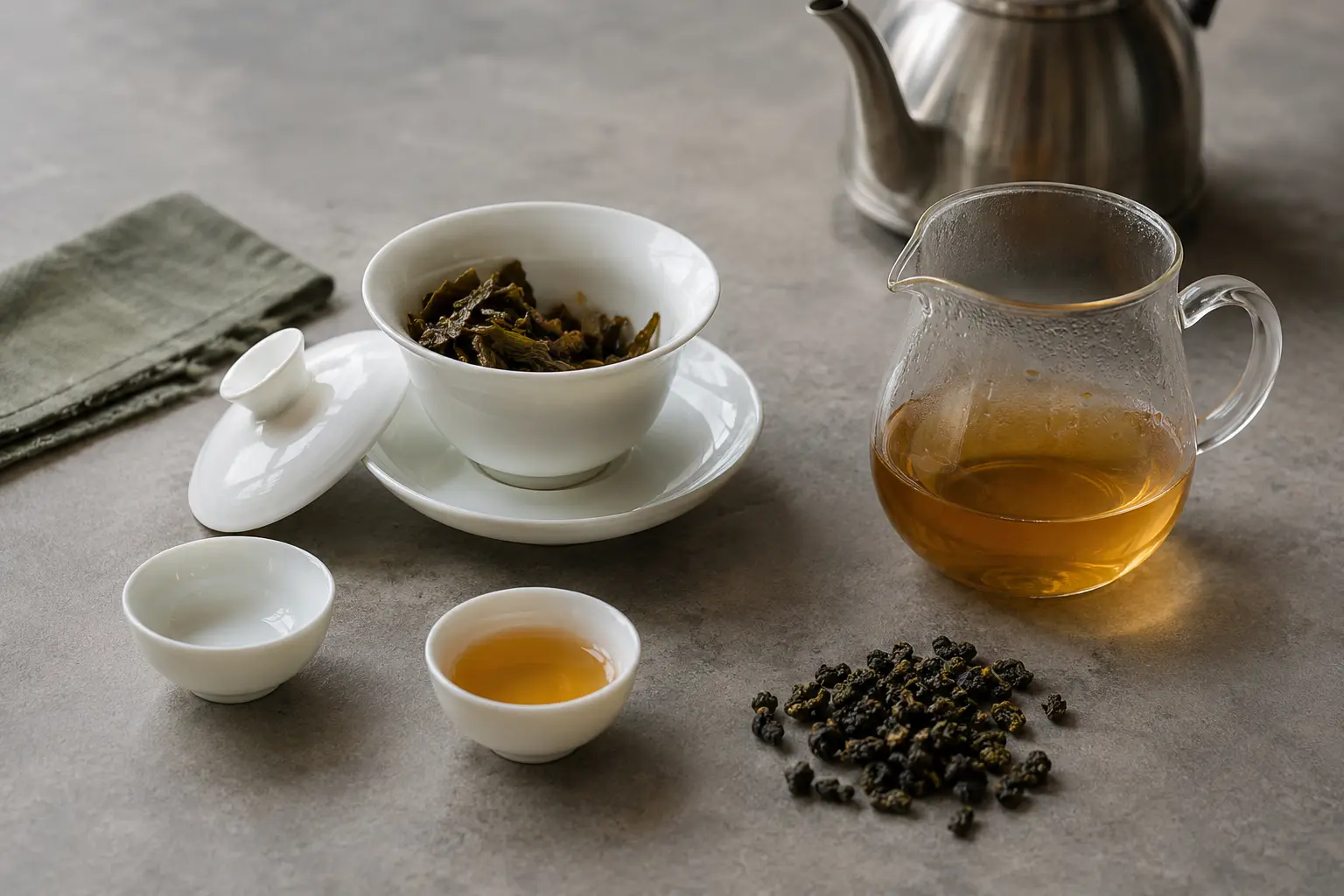 A simple beginner gongfu tea setup with a porcelain gaiwan, pitcher, cups and loose tea leaves.