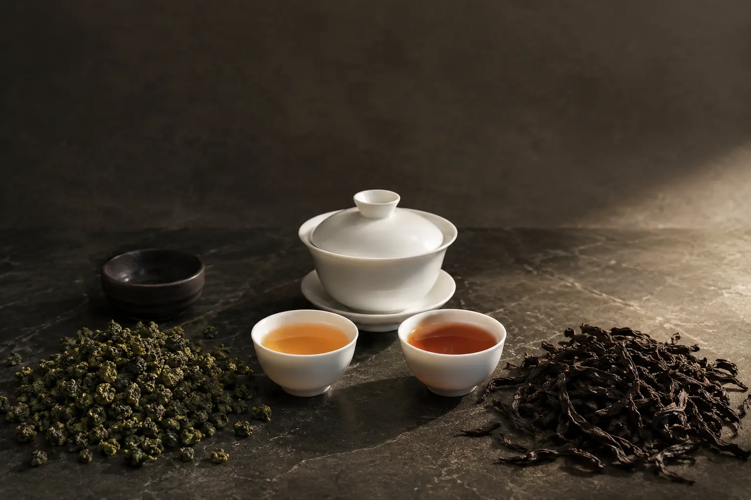 Oolong tea leaves and amber tea arranged to show the range from floral to roasted styles.