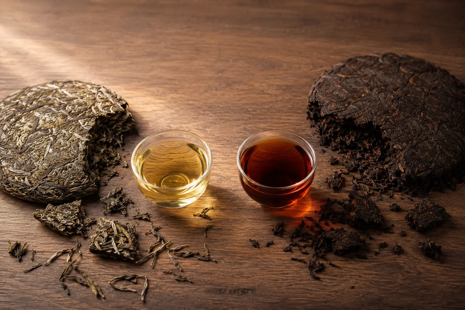 A side-by-side comparison of raw and ripe pu-erh cakes with pale golden sheng tea and dark red-brown shou tea.