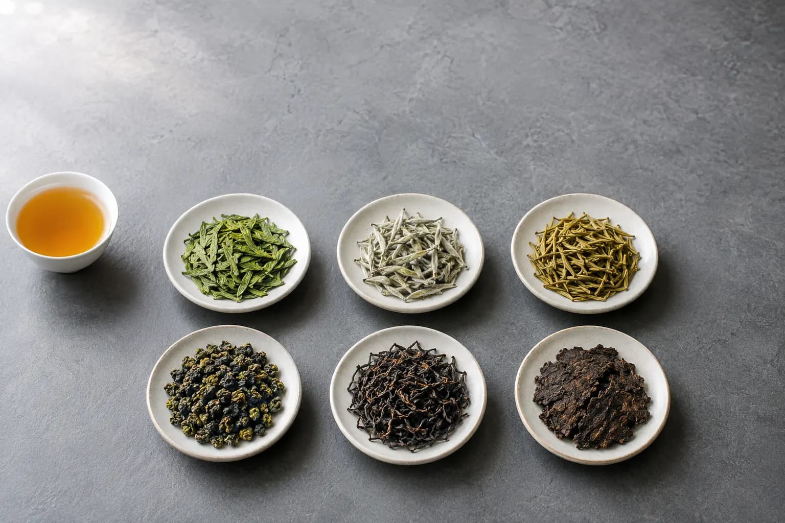 Six Chinese tea types arranged side by side from green to dark tea.