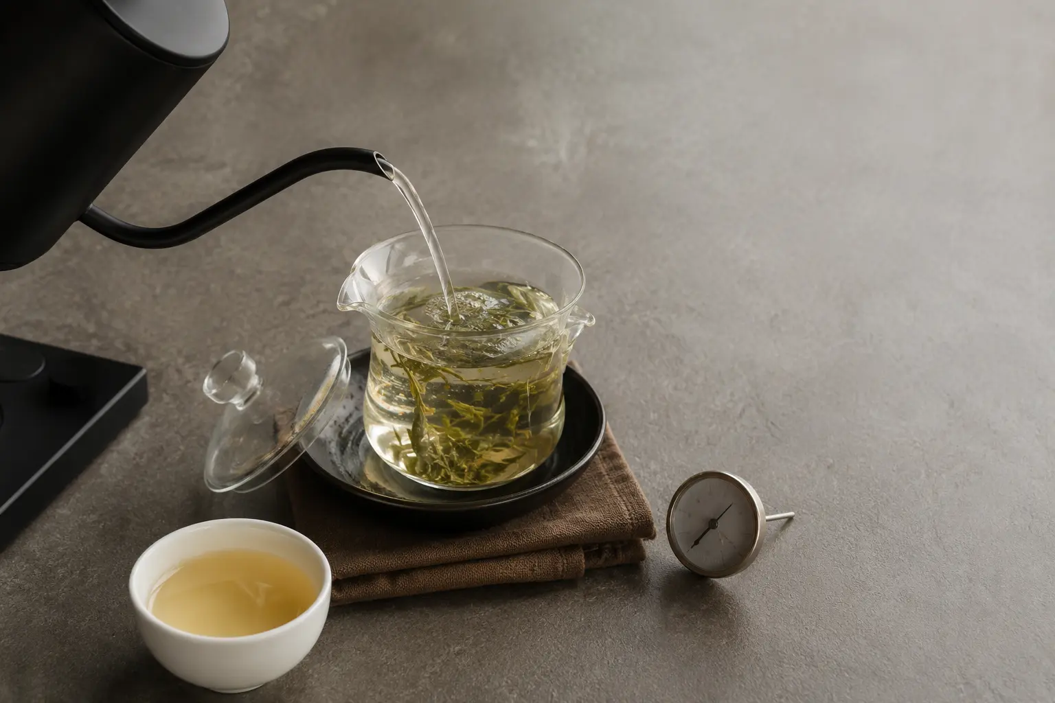 Hot water being poured into a glass gaiwan to show temperature control in Chinese tea brewing.