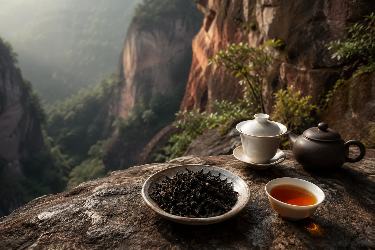 Dark twisted Wuyi rock oolong leaves with amber tea, a gaiwan and reddish Wuyi cliffs in the background.